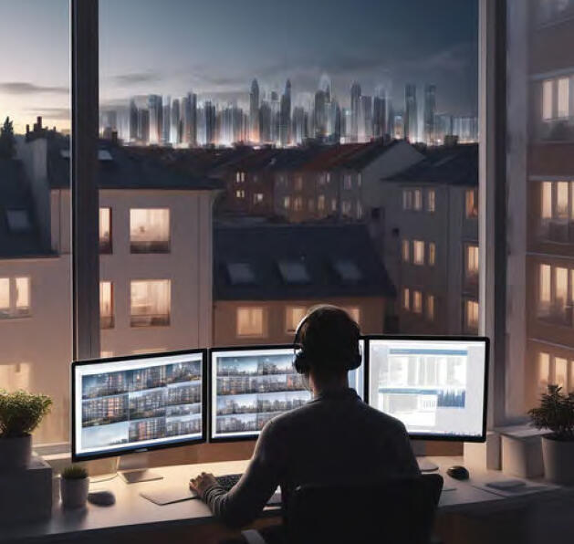 Back of IT professional in silhouette looking at three desktop monitors with buildings with lit-up windows and the city at dusk or dawn in the background