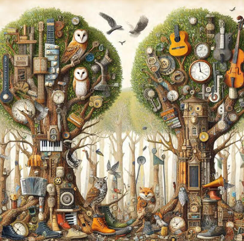 Fantastical imagery of a random forest with two trees and a random collection of varied items like owls, clocks, shoes, musical instruments, and more